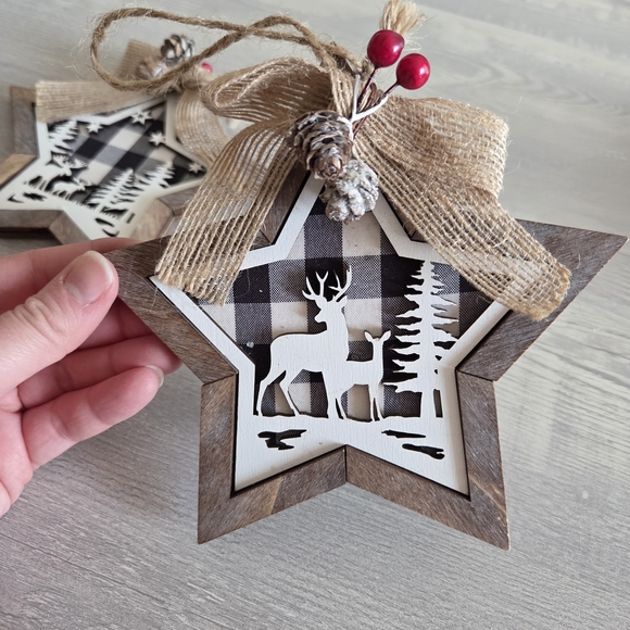 Hobby Lobby Woodland Star Ornaments with Burlap and Red Accents (Set Of 2) - Picture 2 of 5
